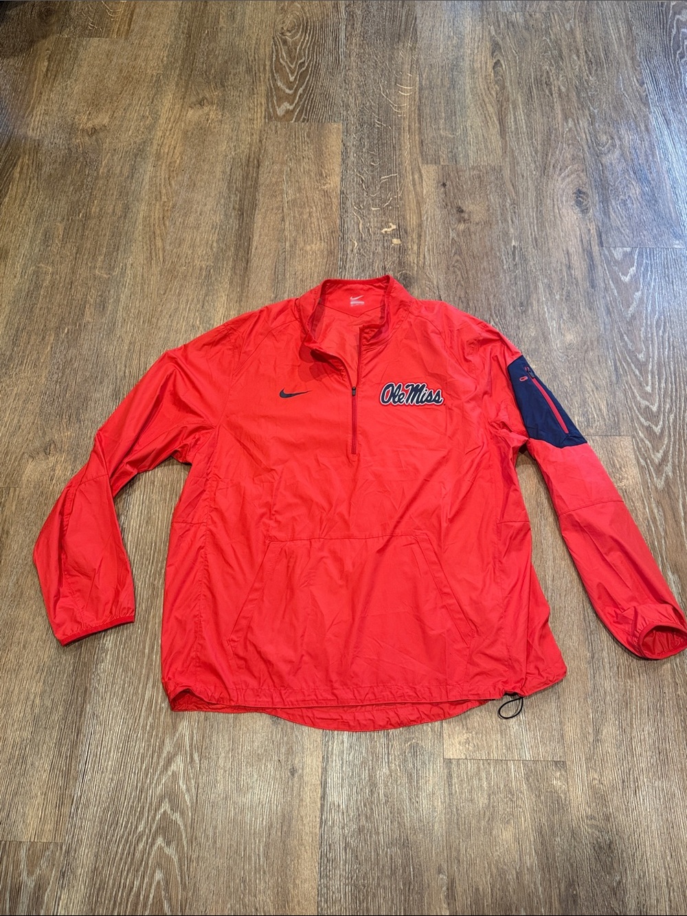 Nike Men’s Red Ole Miss Pullover Windbreaker with Navy Sleeve Accent
